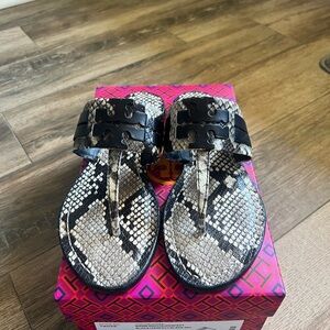 Tory Burch Black and Cream Snake print leather Sandals